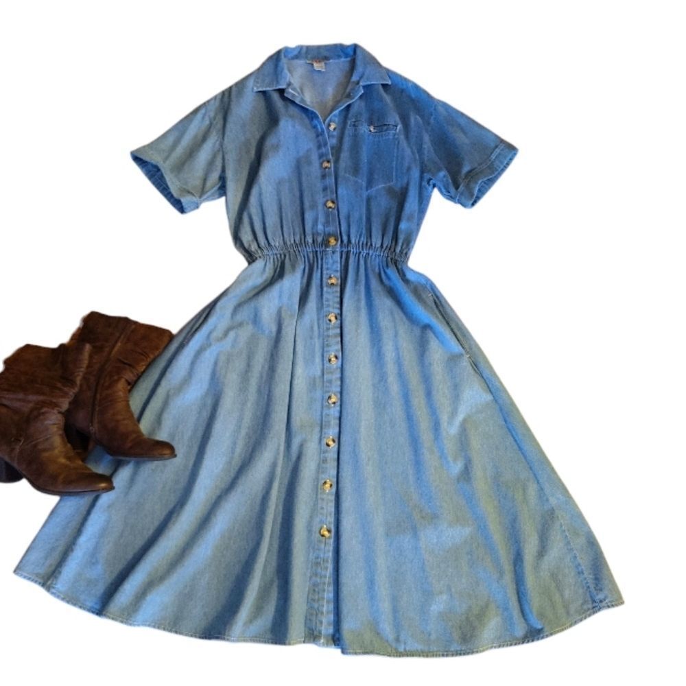 VTG 90s Blue Denim Button Front Short Sleeve Jean Midi Dress SZ Medium - Picture 8 of 13